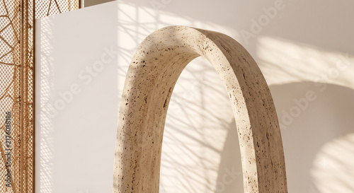 Minimalist travertine stone arch with geometric mesh shadows on off-white plaster wall for mockup