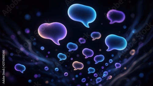 Glowing Speech Bubbles Floating in Dark Digital Space