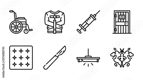 Bild auf Leinwand Psychiatric Tools Iconography: A collection of stark, line-art icons depicting various instruments and symbols associated with psychiatric treatment and mental health care, including a wheelchair