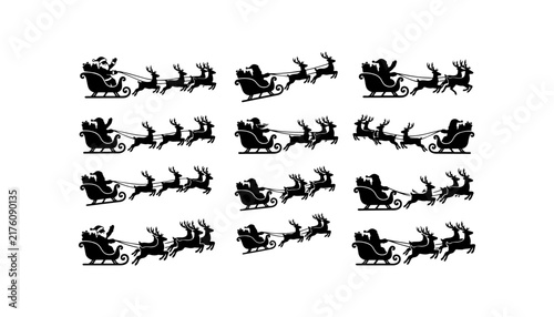 santa claus riding sleigh with flying reindeer on christmas eve