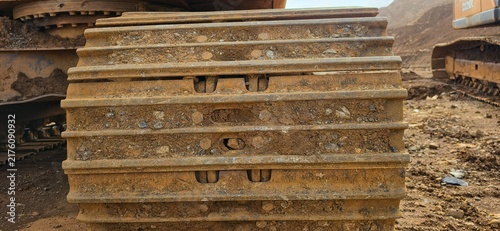 Obraz na płótnie Close-up of a heavy-duty yellow excavator tracks covered in mud at a construction site