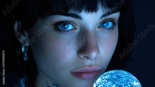 Ethereal Portrait of Young Woman with Short Dark Hair Holding Blue Crystal Ball in Dim Light Setting