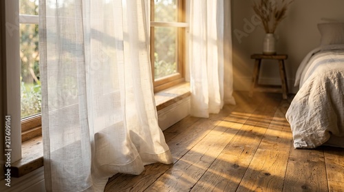 Sunlit Bedroom Interior With Sheer White Curtains.