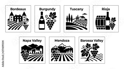 Collection of Wine Region Illustrations with Vineyards and Landmarks.