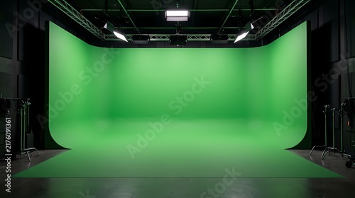 Fototapeta Empty professional film studio with a curved green screen cyclorama wall for video production and visual effects