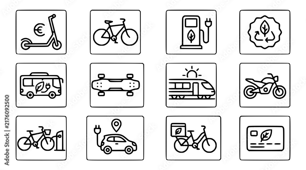Obraz premium Eco Transport Icons: Electric Scooter, Bike, Car, Train, Bus, Motorcycle, Skateboard