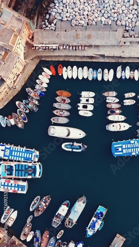 Aerial top down view of camogli harbor in italy