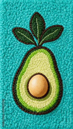 Vertical close up of a tufted avocado with leaves and pit. Punch needle textile art with looped yarn texture on a turquoise background
