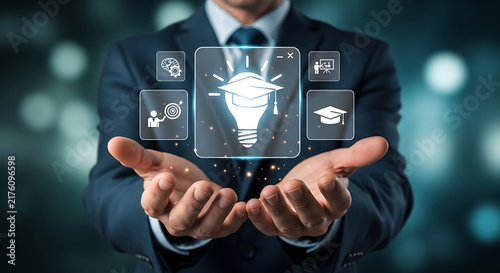 Businessman holding digital globe with futuristic interface