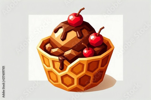 Low Poly Chocolate Bubble Waffle with Cherries
Hong Kong Waffle with Chocolate Ice Cream and Cherry Sauce