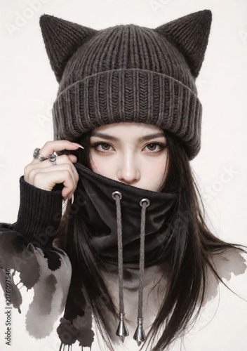 Tapety artystyczne 黒猫耳ニットと墨インクの女性