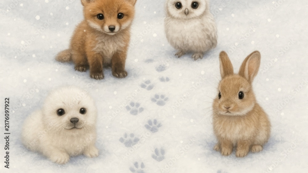 Fototapeta premium Adorable animals in snowy setting wallpaper for desktop
