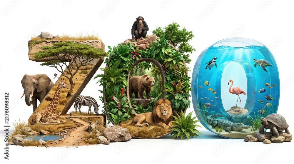 Fototapeta premium Creative 3D Zoo Typography Featuring Wild Animals in Savanna Jungle and Aquatic Habitats Isolated on White