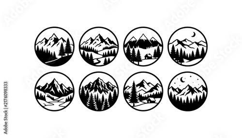 mountain peak pine forest river cabin crescent moon nature badge