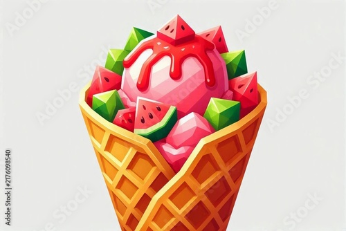 Low Poly Watermelon Bubble Waffle with Fresh Watermelon
Hong Kong Waffle with Watermelon Ice Cream and Strawberry Syrup