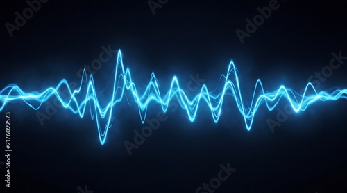 A glowing blue digital sound wave moving across a dark background, representing audio ad social media download thambnail poster web template event festival 2026 2027 2028