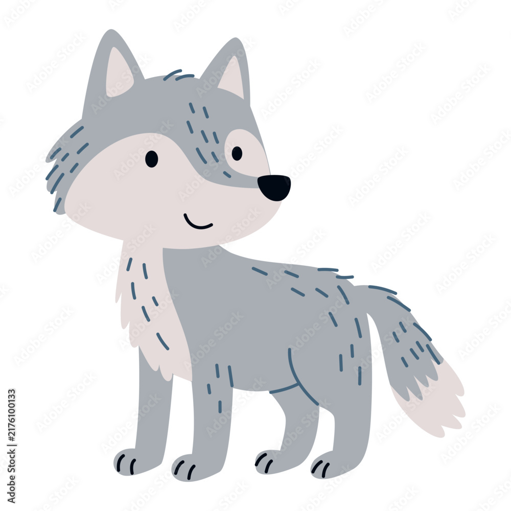 Fototapeta premium Cute wolf isolated on white background. Flat vector illustration of a friendly woodland animal with gray fur, fluffy tail and simple cartoon design for children. Vector illustration