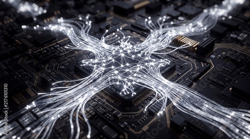 A high-tech computer processor chip is connected to a network of glowing white fiber optic ad social media download thambnail poster web template event festival 2026 2027 2028