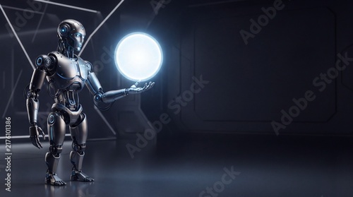 A humanoid robot with a metallic body standing in a dark futuristic room and holding a ad social media download thambnail poster web template event festival 2026 2027 2028