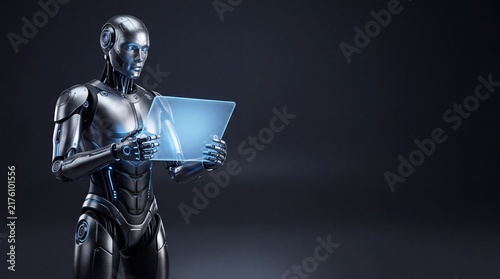 A humanoid robot with a metallic silver body standing against a dark grey background, ad social media download thambnail poster web template event festival 2026 2027 2028