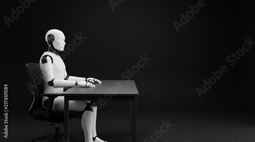 A humanoid robot with a white chassis sits at a simple black desk against a dark ad social media download thambnail poster web template event festival 2026 2027 2028