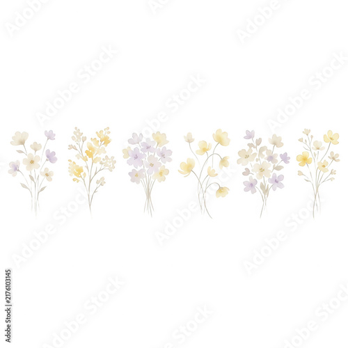 淡い黄色と紫色の花々を描いた水彩風のボタニカルイラストレーションセット。繊細なタッチで描かれた小さな野草やブーケのモチーフが6種類並んでおり、上品で優しい雰囲気のデザイン素材として、グリーティングカードやウェディングの招待状、ナチュラルな装飾に最適です。