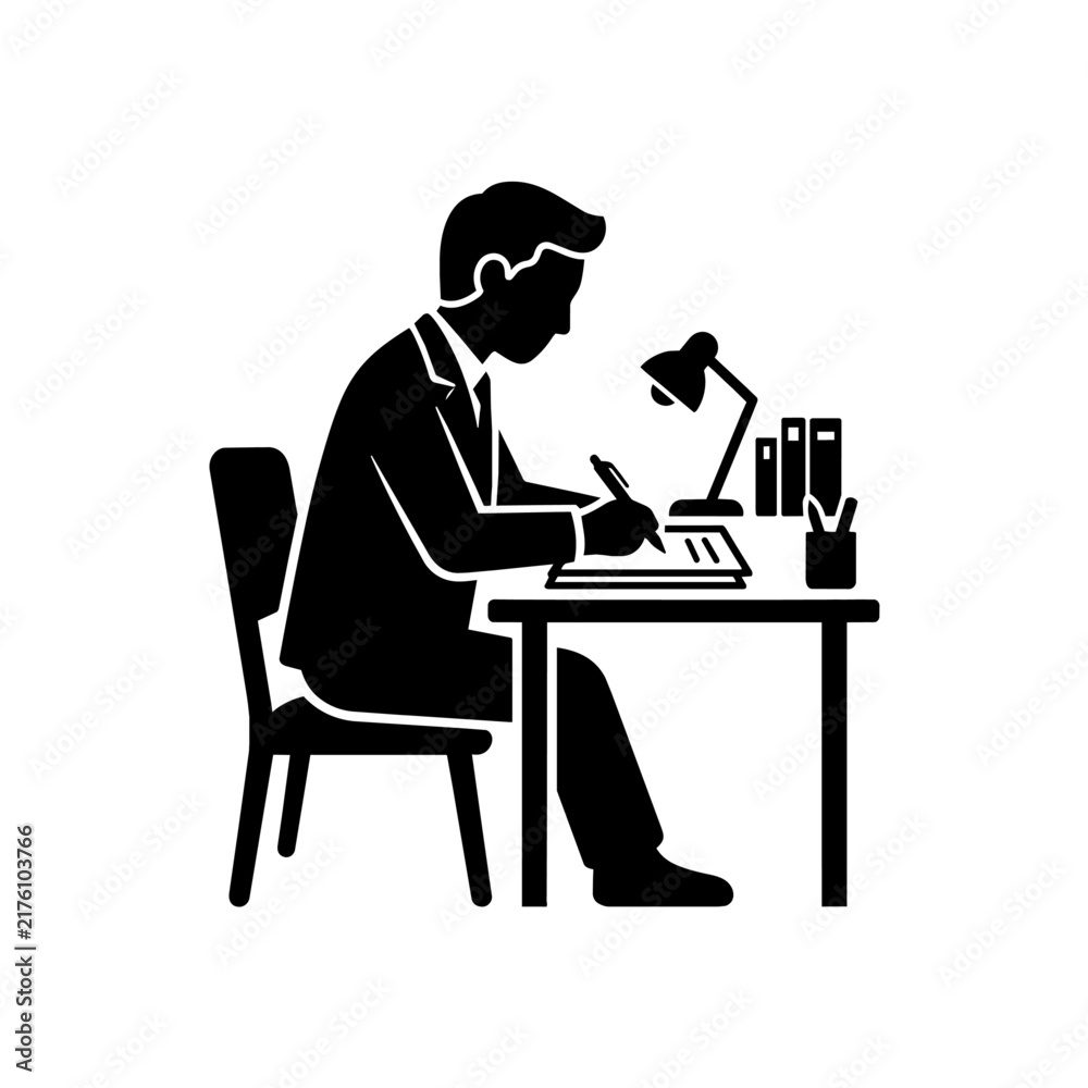 Fototapeta premium Businessman writing at desk icon vector illustration