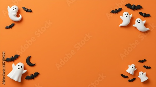 Cute ghost toys with bats on bright orange background for Halloween decoration