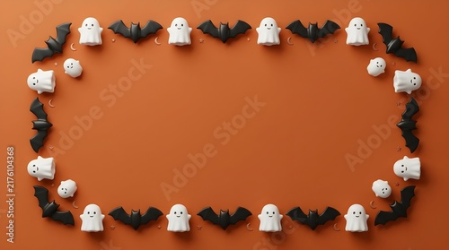Cute ghost and bat marshmallows arranged in a Halloween circle on orange background