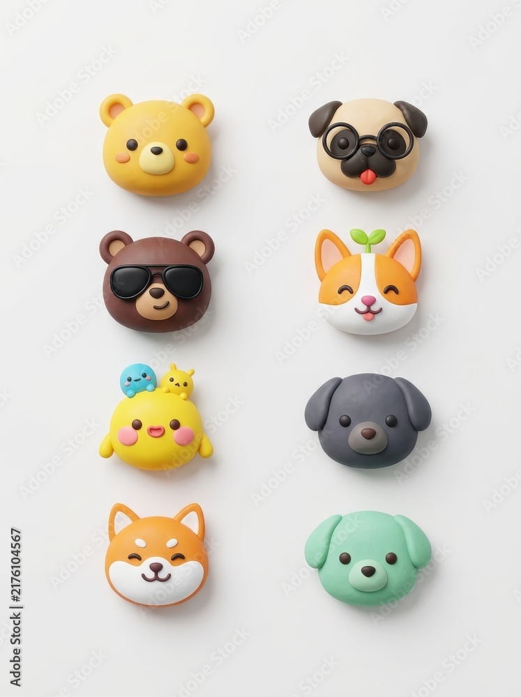 Fototapeta premium Cute 3D Animal Head Icons Set with Bear Dog and Fox Characters for Kawaii Design