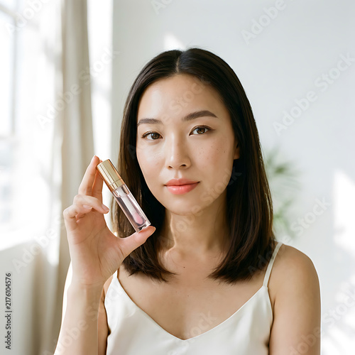 young woman with shoulder-length black hair holding a makeup compact with a contemplative expression in a bright modern interior