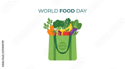 Green reusable bag filled with fresh organic vegetables and fruits