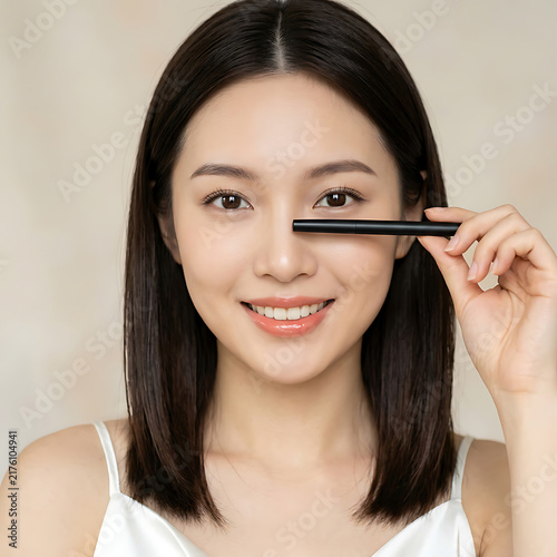 Young woman with sleek black hair holding a makeup brush near her eye smiling in a minimalistic studio setting