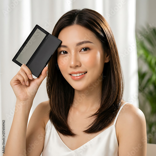 Young woman with a radiant smile holding a small black box in a bright indoor setting with natural light and green plants in