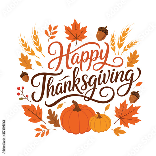 Happy Thanksgiving Lettering with Pumpkins and Autumn Leaves