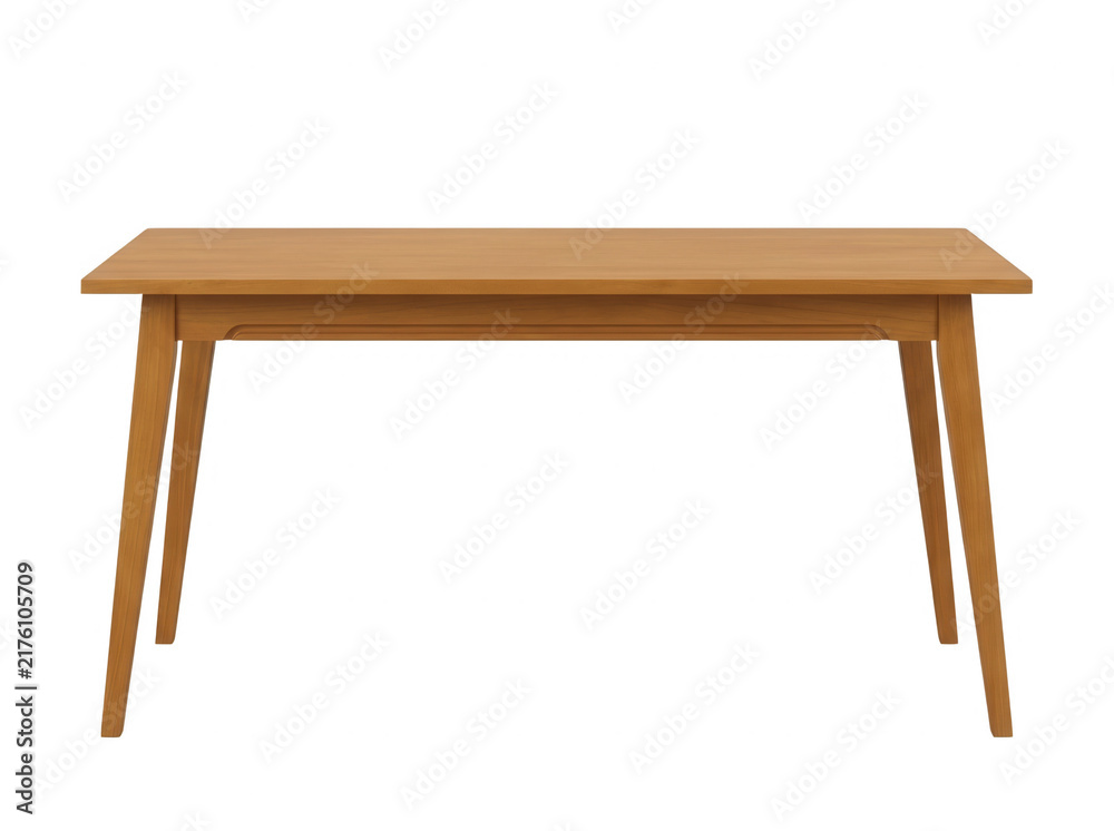 Fototapeta premium Nowoczesny stół jadalniany z jasnego drewna o minimalistycznym designie, ustawiony na czystym białym tle, idealny do aranżacji wnętrz, prezentacji produktów lub projektów meblowych w stylu
