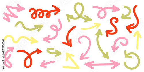 Set of hand drawn colorful arrows, wavy pointers, and swirly direction signs isolated on a white background. Playful pastel sketch elements for child projects, web navigation, and infographics.