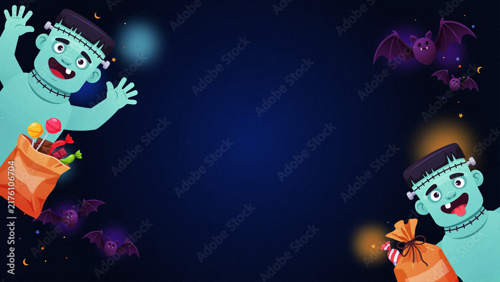 Fototapeta premium Halloween Background with Frankenstein Characters, Candy Bags and Bats on Dark Blue Backdrop, Copy Space