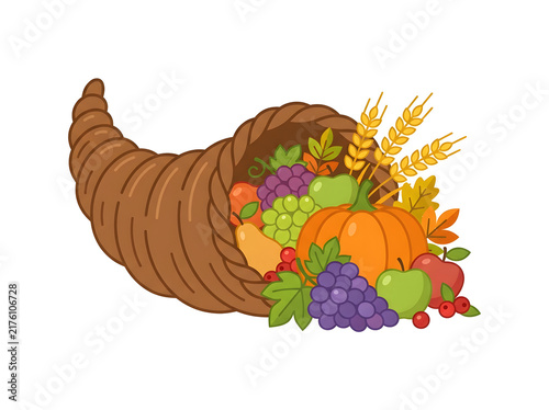 Vector cornucopia overflowing with fruits, thanksgiving harvest horn illustration
