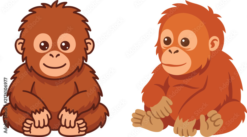 Fototapeta premium Cute cartoon orangutan characters sitting side by side, isolated on a white background, suitable for animal illustration, children’s design, and educational projects.