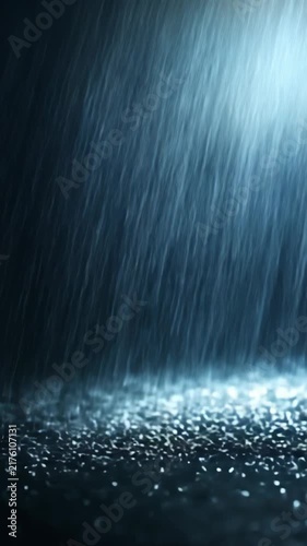 Dense Heavy Rain Falls through Dramatic Backlight Creating Glittering Water Droplets and Atmospheric Storm Background Video
