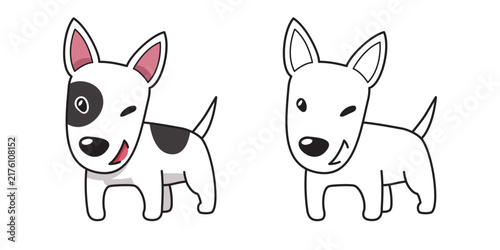 Cute Bull Terrier dog standing in color and outline version cartoon vector illustration