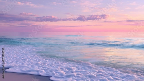 Pastel Pink Sunset Washes over Gentle Ocean Waves and Sandy Shore in Dreamy Relaxing Beach Video