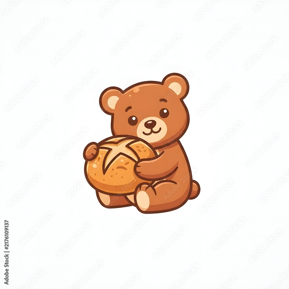 Obraz premium Cute cartoon bear holding fresh sourdough bread loaf isolated on white background