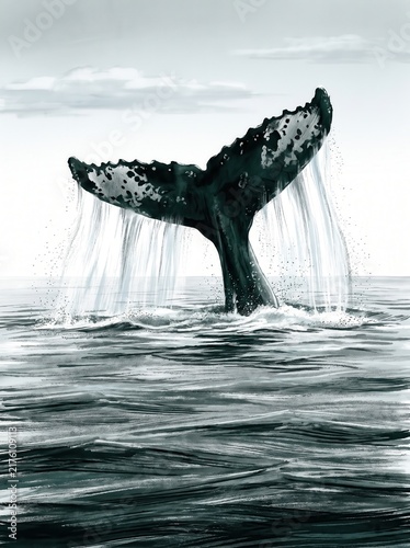 Humpback whale fluke diving into splashing ocean water painting