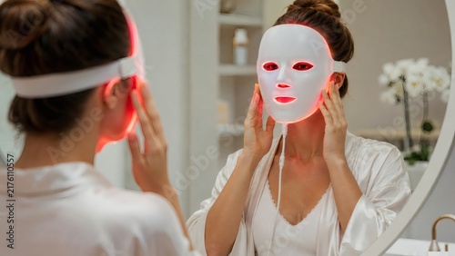 Woman Using LED Face Mask for Skin Care