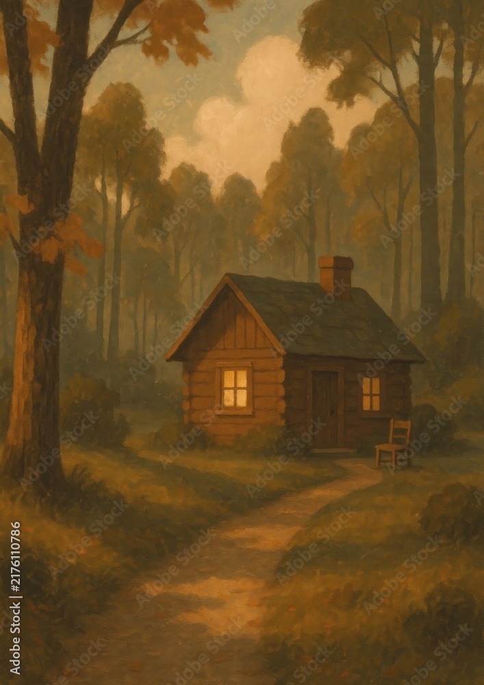 Naklejka premium Cozy cabin amidst autumn forest.