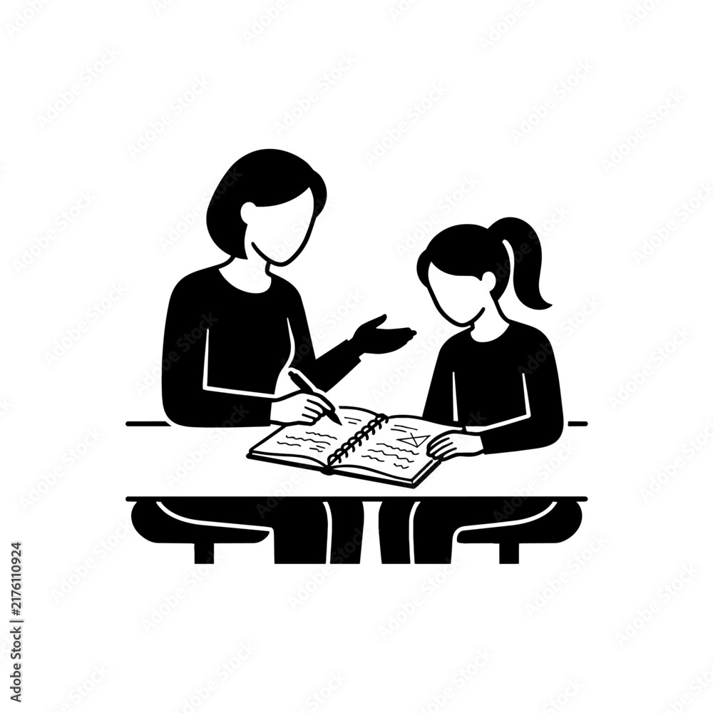 Fototapeta premium Teacher helping student with homework black and white icon