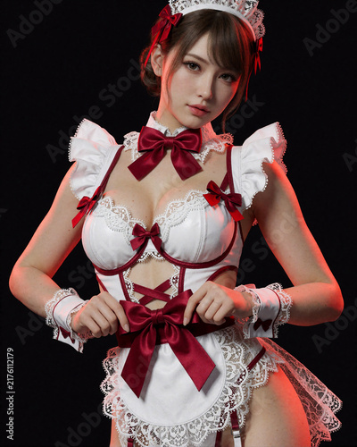 白赤リボンのメイドボディスーツの胸元と赤いリボンでポーズをとる女性