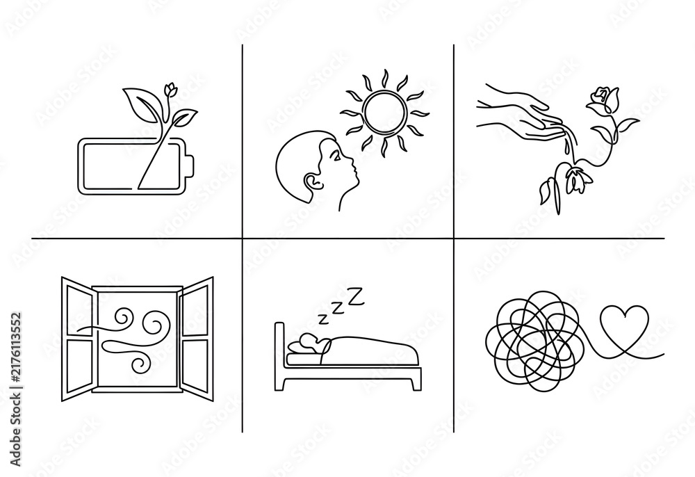 Obraz premium Set of continuous line art burnout recovery and energy restoration vector icons 